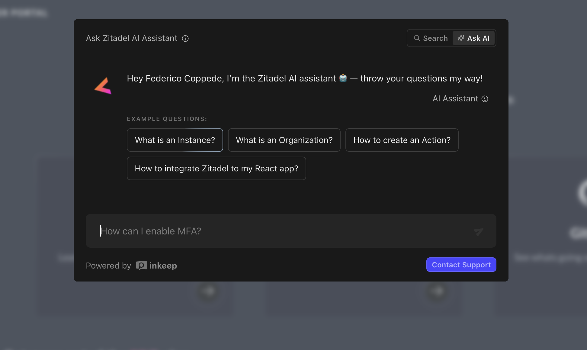Customer Portal Inkeep Support