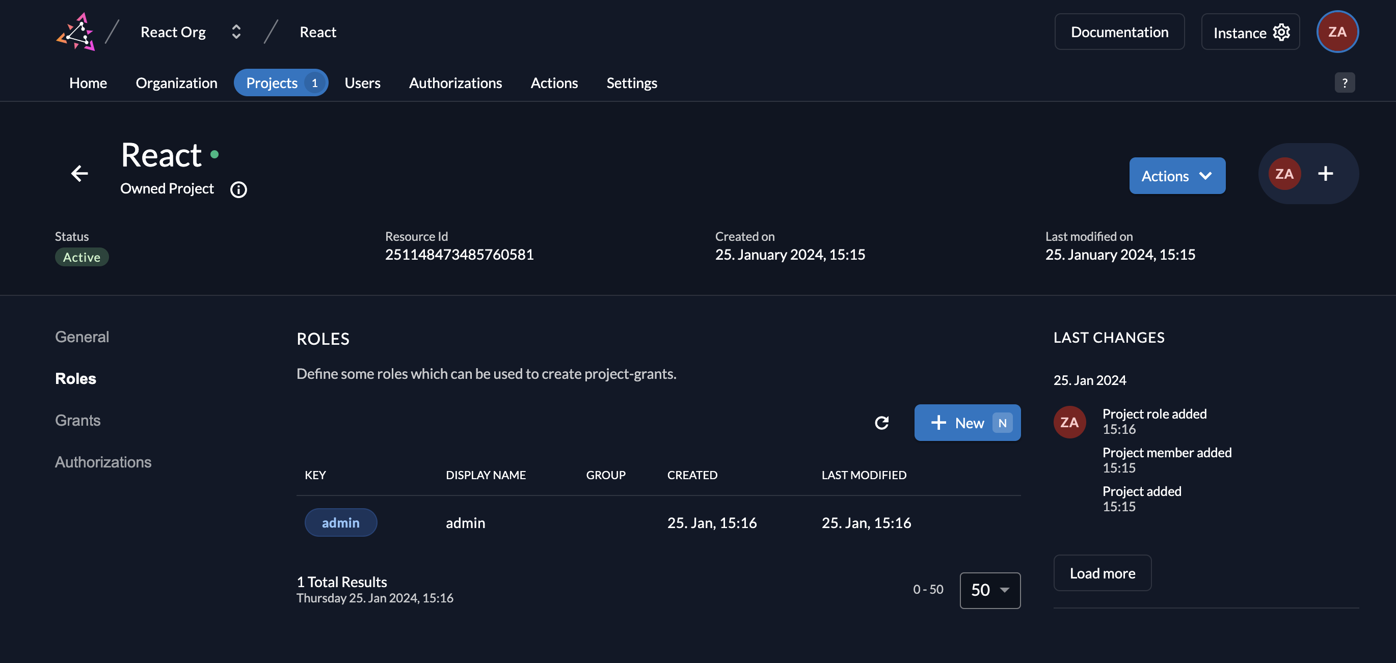 Create project role "admin"